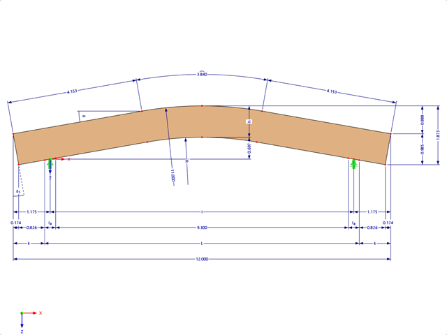 Model 000583 | GLB0403 | Lepený lamelový nosník | Zakřivený | Konstantní výška | Symetrický | Paralelní konzoly s parametry