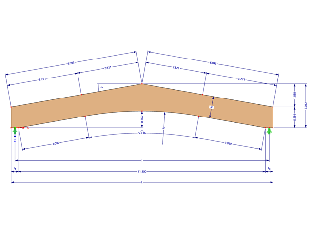 Model 000585 | GLB0501 | Lepený lamelový nosník | Šikmé převýšení | Konstantní výška | Symetrický | Bez volného vrcholového klínu s parametry