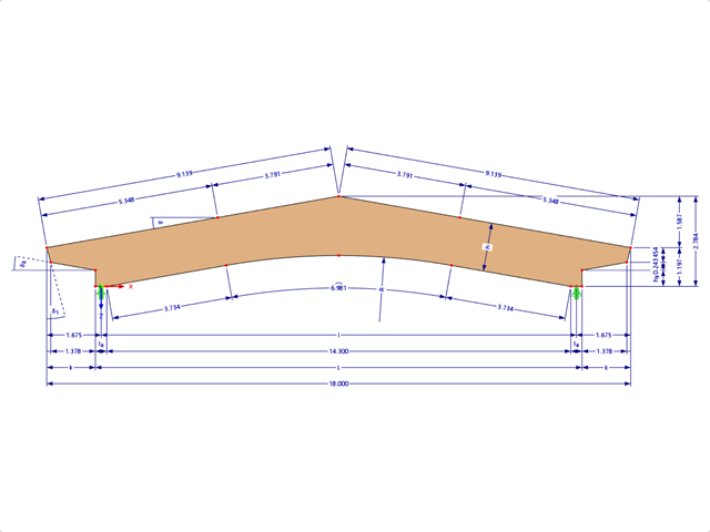 Model 000592 | GLB0505 | Lepený lamelový nosník | Šikmé převýšení | Konstantní výška | Symetrický | Konzoly s náběhy na odsazení | Bez volného vrcholového klínu s parametry