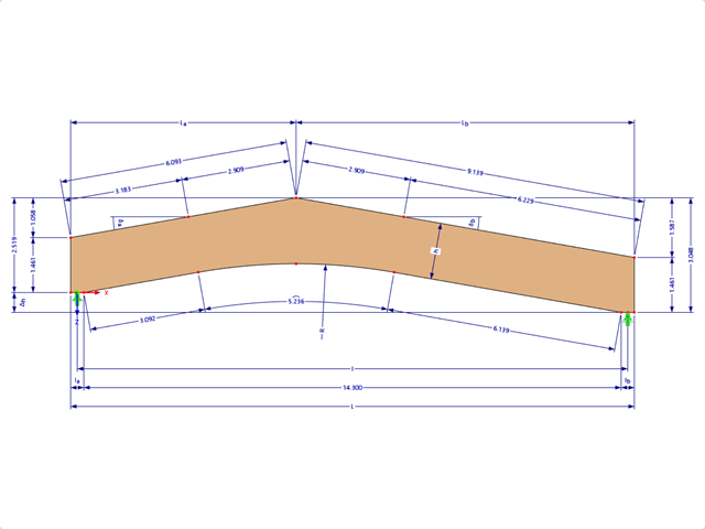 Model 000594 | GLB0506 | Lepený lamelový nosník | Šikmé převýšení | Konstantní výška | Asymetrický | Bez volného vrcholového klínu s parametry