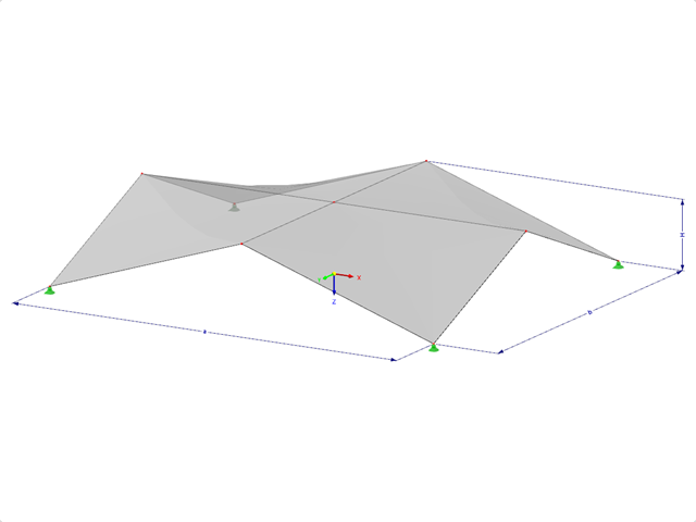 Model 002105 | SHH024 | Antiklastické skořepiny | Čtyři "Hypar" plochy nad obdélníkovým půdorysem | Všechny příčné sklady na jedné úrovni s parametry