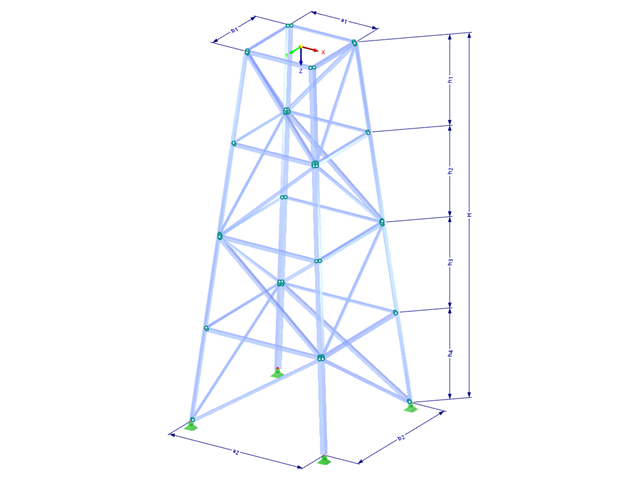 Model 002111 | TSR015-b | Příhradový stožár | Obdélníkový půdorys | K-diagonály vlevo/vpravo a horizontály s parametry