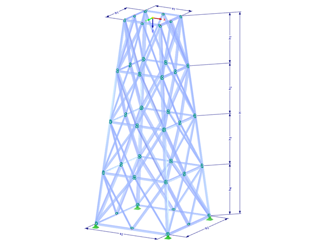 Model 002196 | TSR063-a | Příhradový stožár | Obdélníkový půdorys | K-diagonály nahoře & dole (nepropojené) & horizontály s parametry