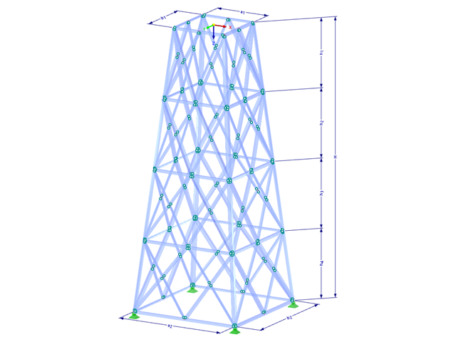 Model 002197 | TSR063-b | Příhradový stožár | Obdélníkový půdorys | K-diagonály nahoře & dole (propojené) & horizontály s parametry