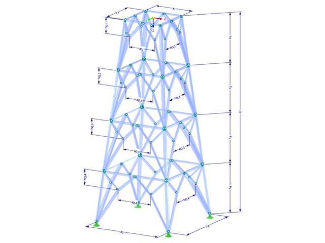 Model 002225 | TSR052-b | Příhradový stožár | Obdélníkový půdorys | K-diagonály dole (polygonové) s parametry