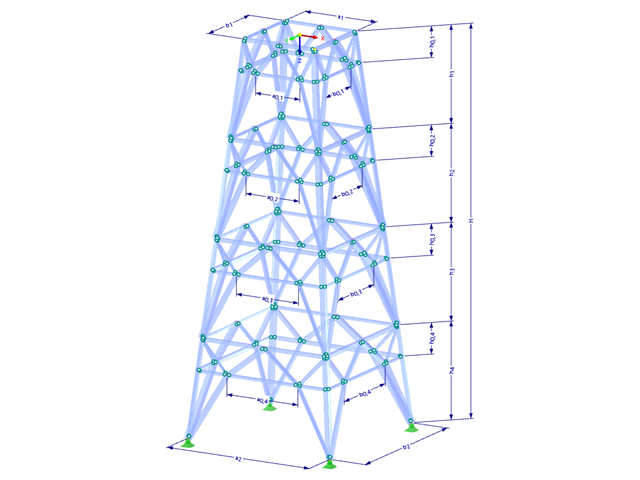 Model 002227 | TSR054-b | Příhradový stožár | Obdélníkový půdorys | K-diagonály dole (polygonální) a mezilehlé horizontály s parametry