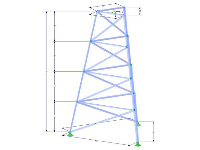 Model 002313 | TST002-a | Příhradový stožár | Trojúhelníkový půdorys | Diagonály nahoru & horizontály s parametry