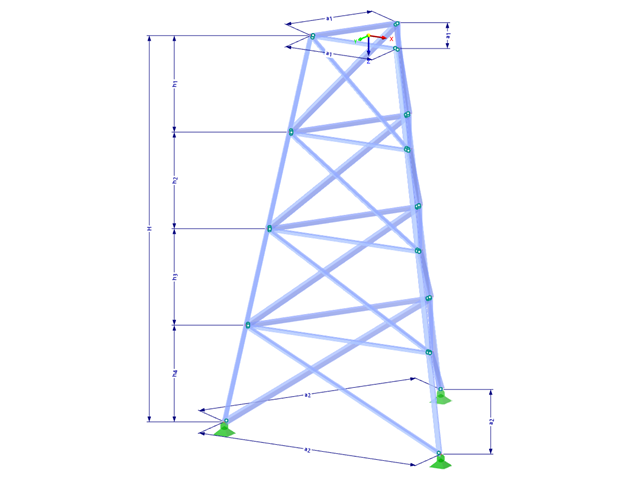 Model 002314 | TST002-b | Příhradový stožár | Trojúhelníkový půdorys | Diagonály dolů & horizontály s parametry