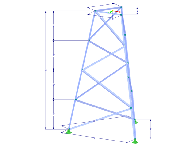 Model 002316 | TST012-b | Příhradový stožár | Trojúhelníkový půdorys | K-diagonály vlevo s parametry