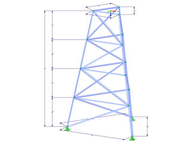 Model 002318 | TST013-b | Příhradový stožár | Trojúhelníkový půdorys | K-diagonály vlevo & horizontály s parametry