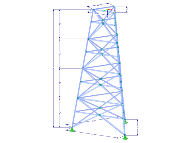Model 002339 | TST037 | Příhradový stožár | Trojúhelníkový půdorys | X-diagonály (přímé) a diagonály a horizontály s parametry