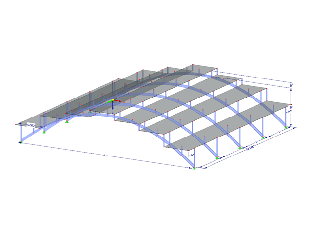 Model 003707 | AS002 | Obloukové konstrukce | Parabolické oblouky podporující vodorovnou střešní konstrukci nahoře s parametry