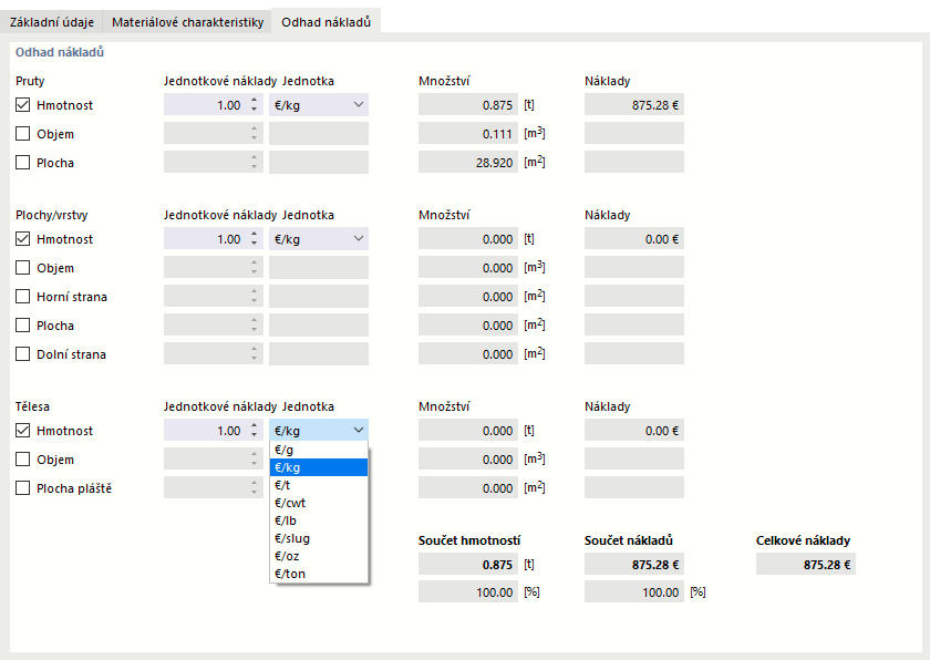 Nastavení nákladů na jednotku a jednotek pro materiál