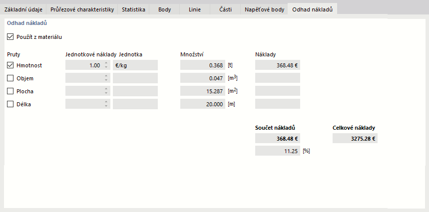 Definice jednotkových nákladů a jednotky pro průřez