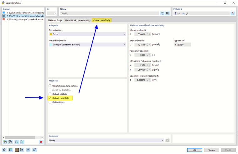 Aktivace odhadu emisí CO₂ pro materiál