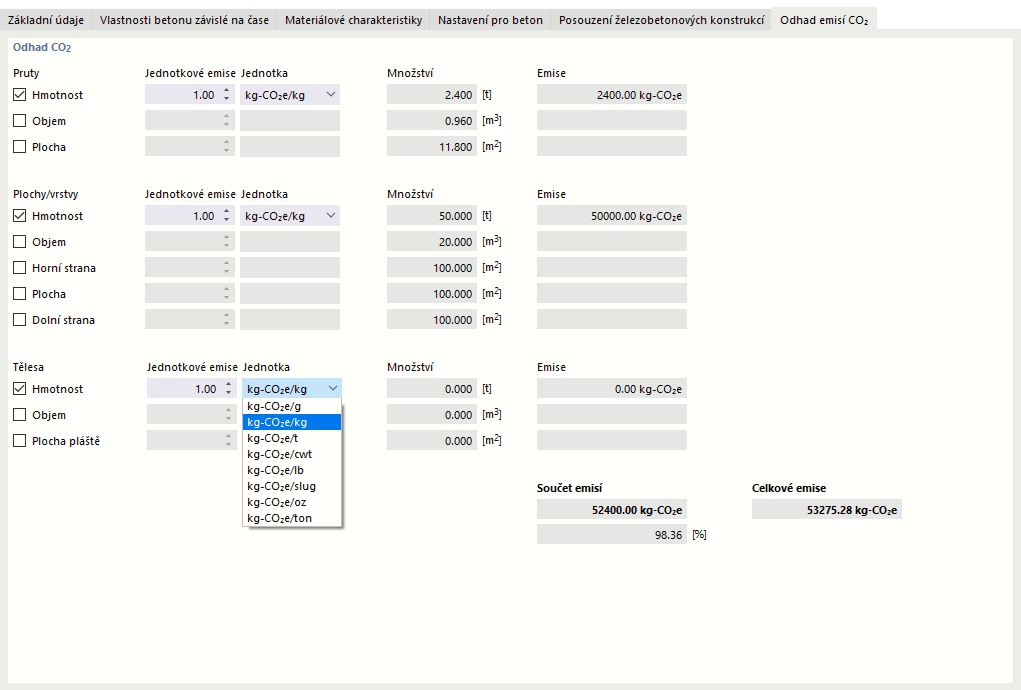 Nastavení jednotkových emisí a materiálových jednotek