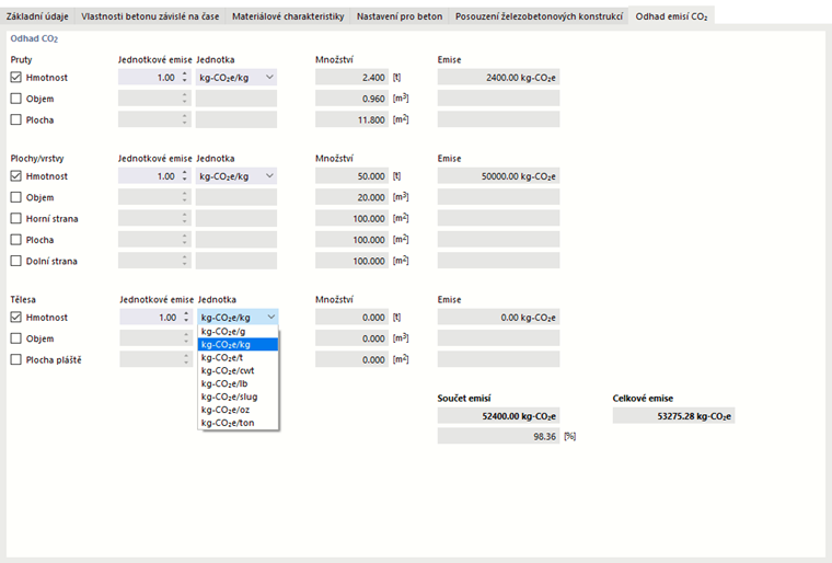 Nastavení jednotkových emisí a materiálových jednotek