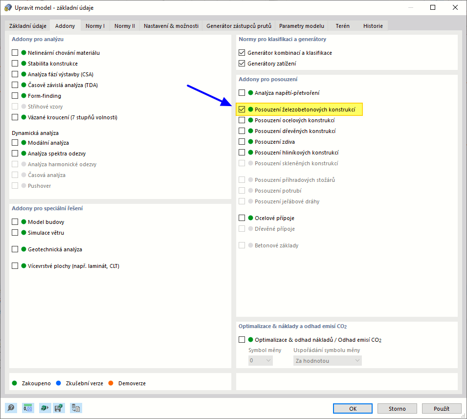 Aktivace addonu 'Posouzení betonových konstrukcí'