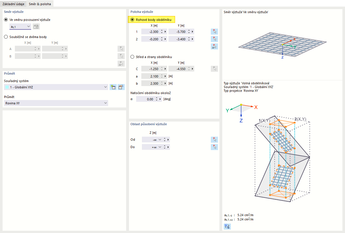 Zadání umístění výztuže pro volnou obdélníkovou výztuž