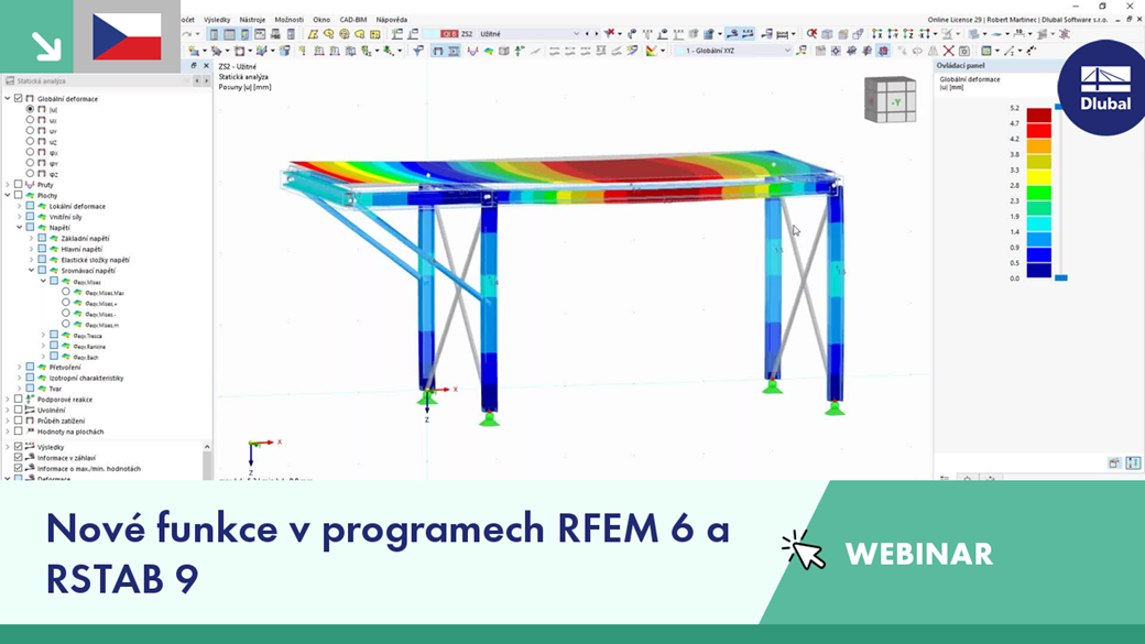 Prezentace webináře o nových funkcích v softwarových programech RFEM 6 a RSTAB 9 pro konstrukční inženýrství.