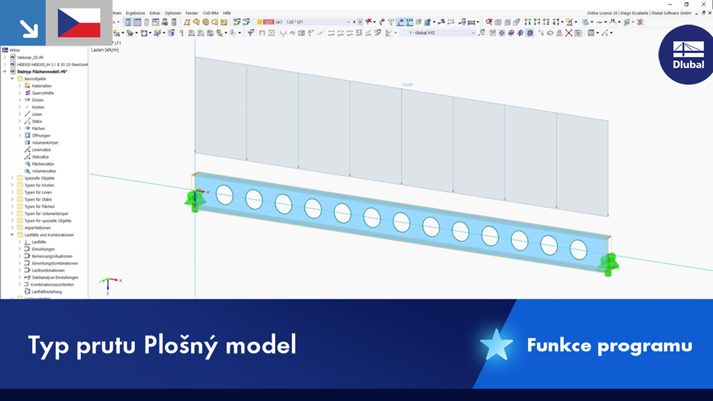 Model povrchu jako typ prutu ve statické analýze, vizualizovaný v 3D pohledu.