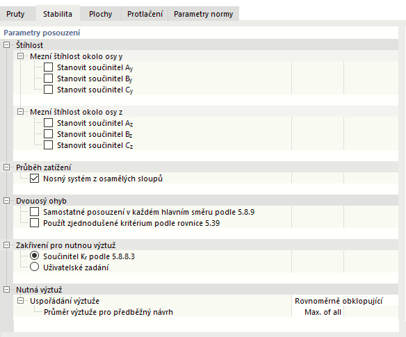 Upravit konfiguraci únosnosti - Stabilita