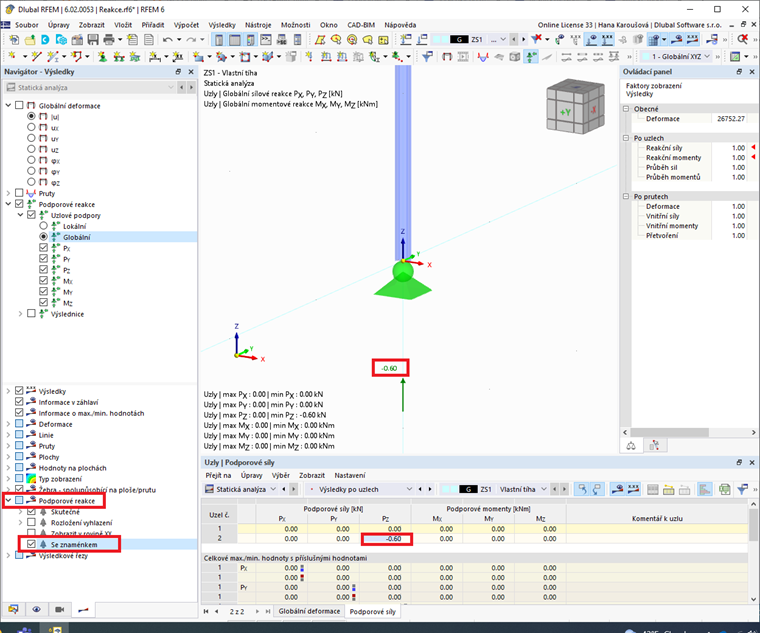 FAQ 005356 | Proč jsou orientace podporových reakcí znázorněny graficky opačně, než očekávám na základě výsledků v tabulce?