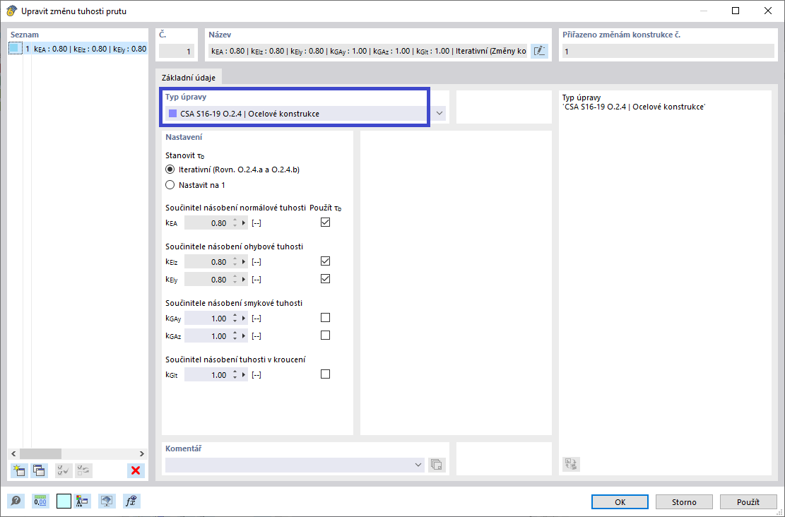 Změna tuhosti prutu