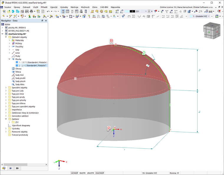 Hraniční linie a osa rotace pro vytvoření kupole