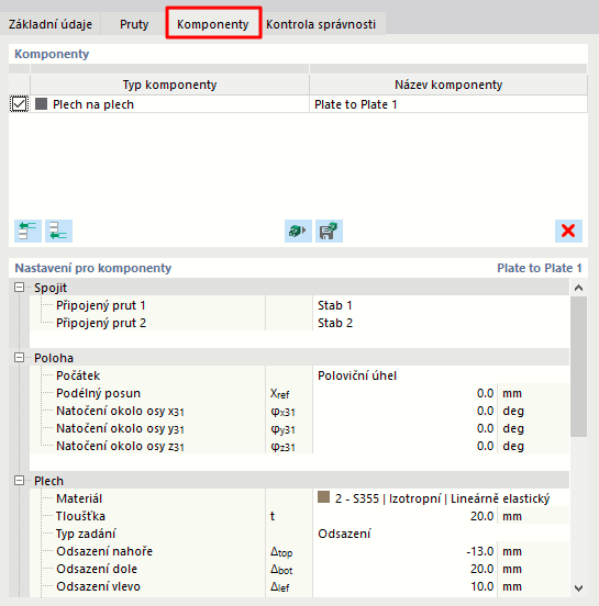 Záložka Komponenty