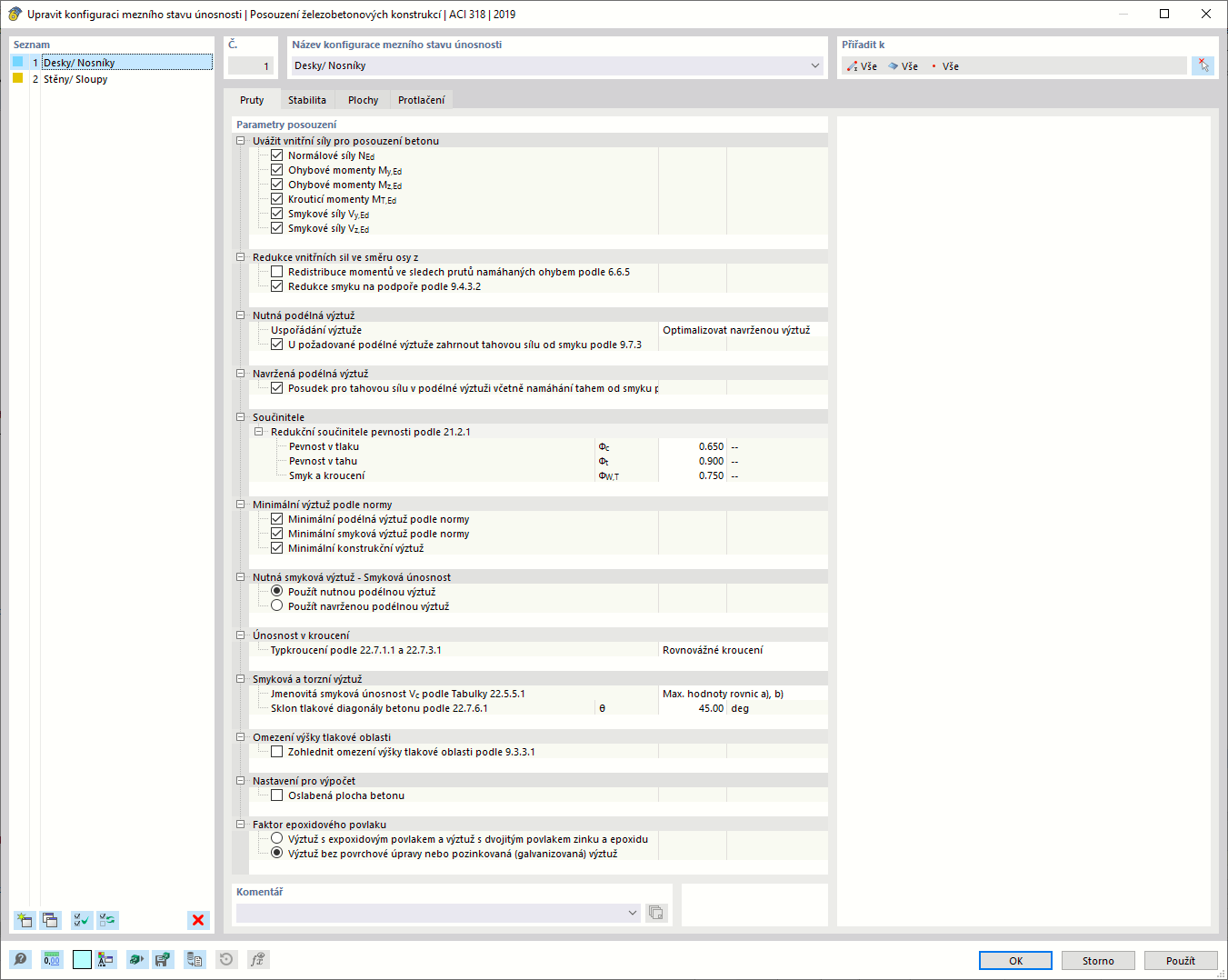 Upravit konfiguraci únosnosti - Pruty