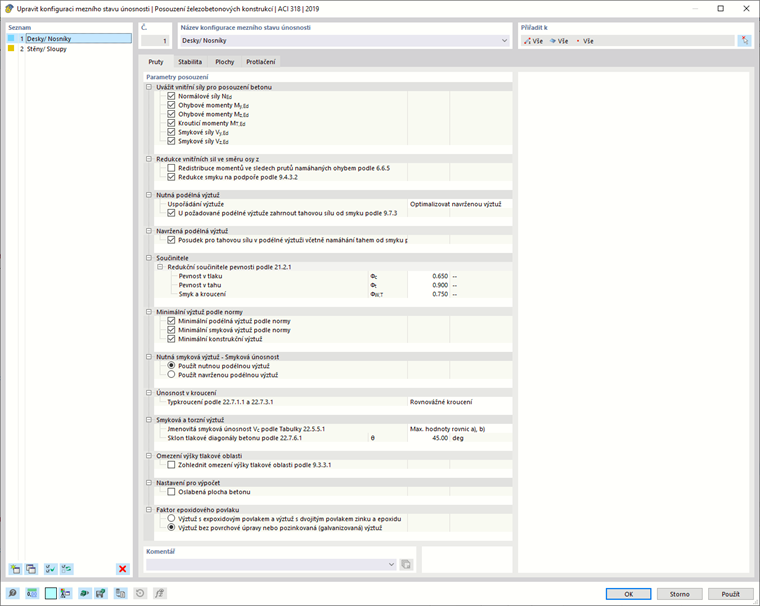 Upravit konfiguraci únosnosti - Pruty