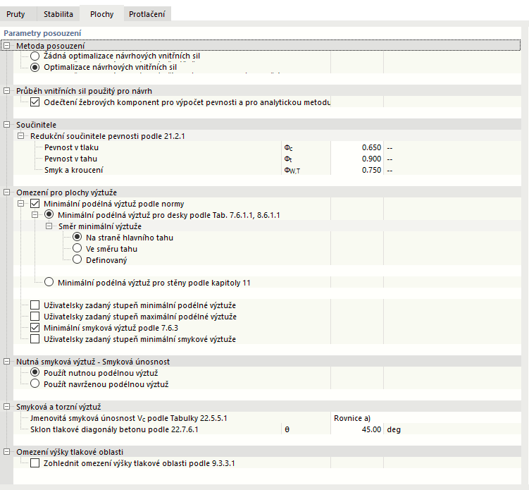 Editace konfigurace únosnosti - Plochy