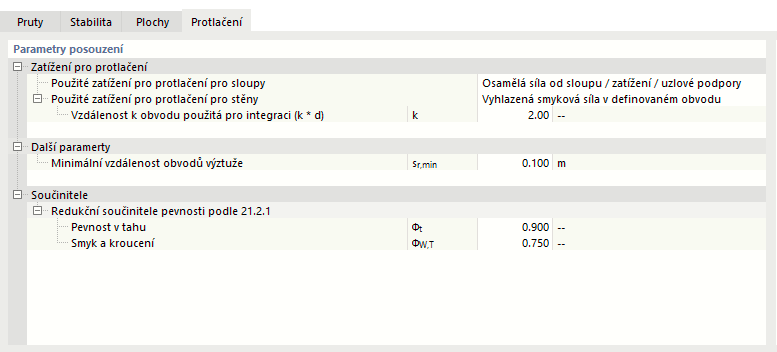 Editace konfigurace pevnosti - Protlačení
