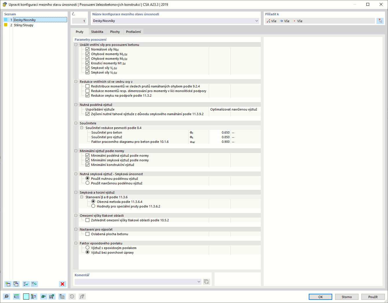 Editace konfigurace únosnosti - pruty