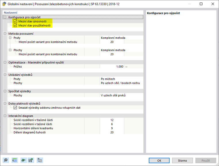 Konfigurace pro posouzení betonu podle SP 63.13330
