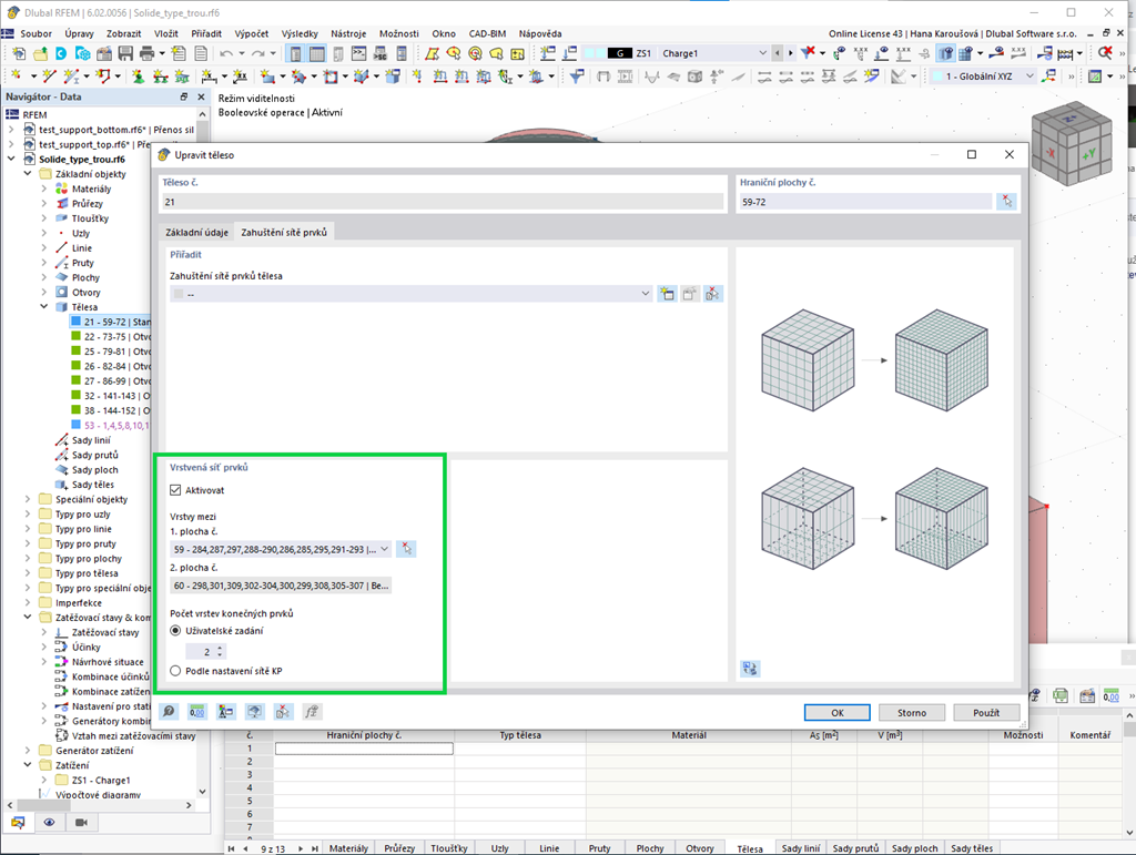 Funkce 002581 | Vrstvená síť prvků pro tělesa