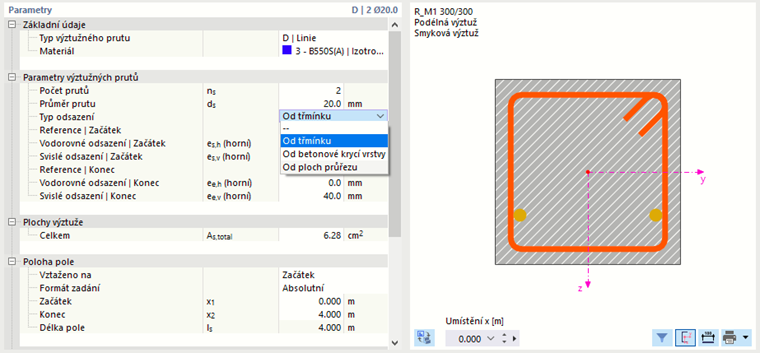 Vyberte referenci odsazení pro přídavnou výztuž