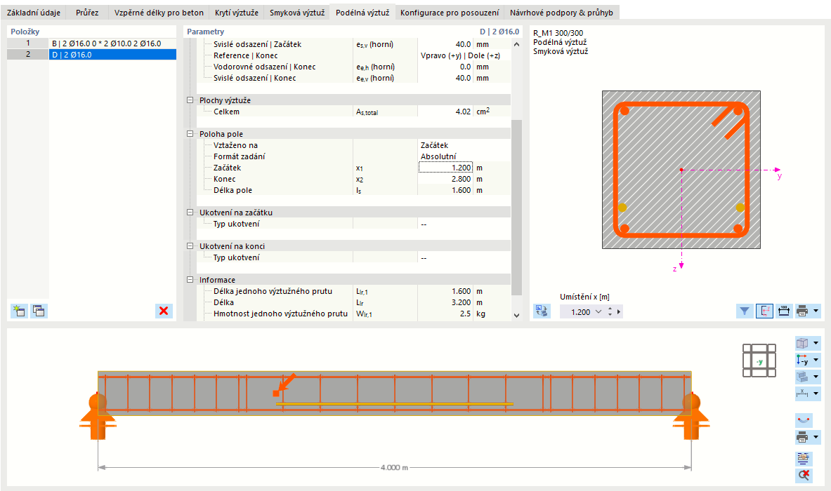 Zadejte polohu pole vzhledem k počátku prutu (formát definice 'Absolutní')
