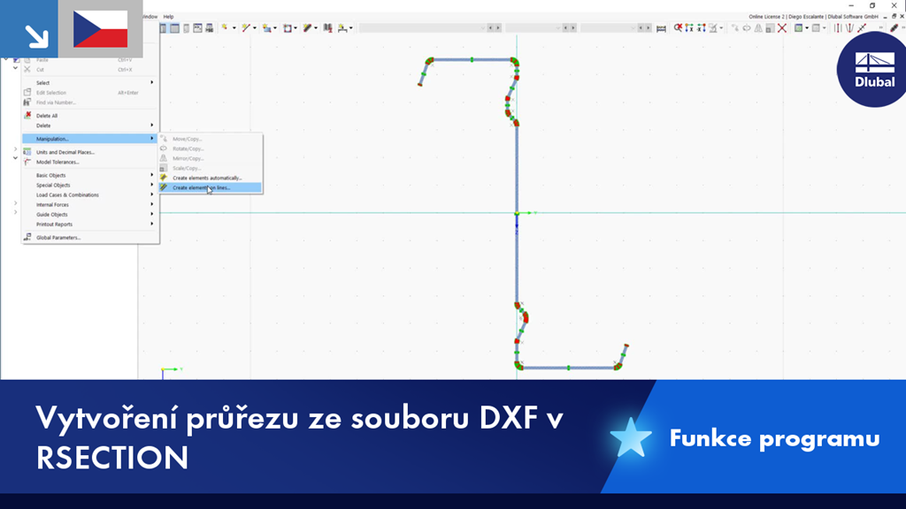 Zobrazení procesu vytváření průřezu RSECTION ze souboru DXF. Ukazuje funkci importu a vygenerované geometrické údaje průřezu.