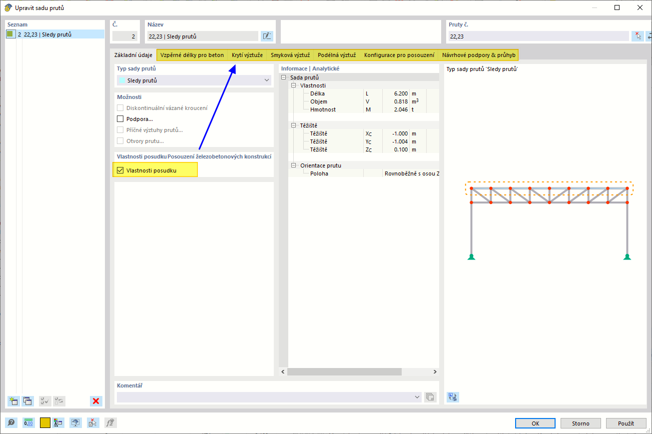 Aktivovat návrhové vlastnosti sady prutů