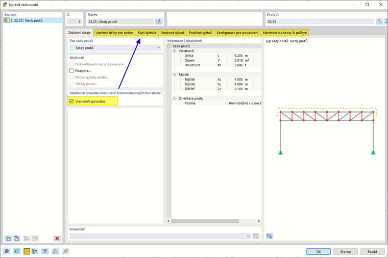 Aktivovat návrhové vlastnosti sady prutů