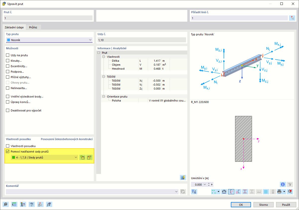 Návrhové vlastnosti prutu 'Předepsáno nadřazenou sadou prutů'
