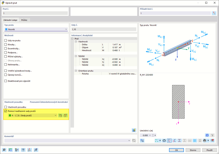 Návrhové vlastnosti prutu 'Předepsáno nadřazenou sadou prutů'