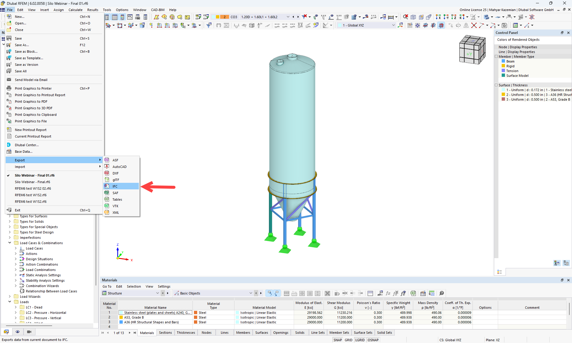 Obrázek 2: Export IFC formátu z programu RFEM