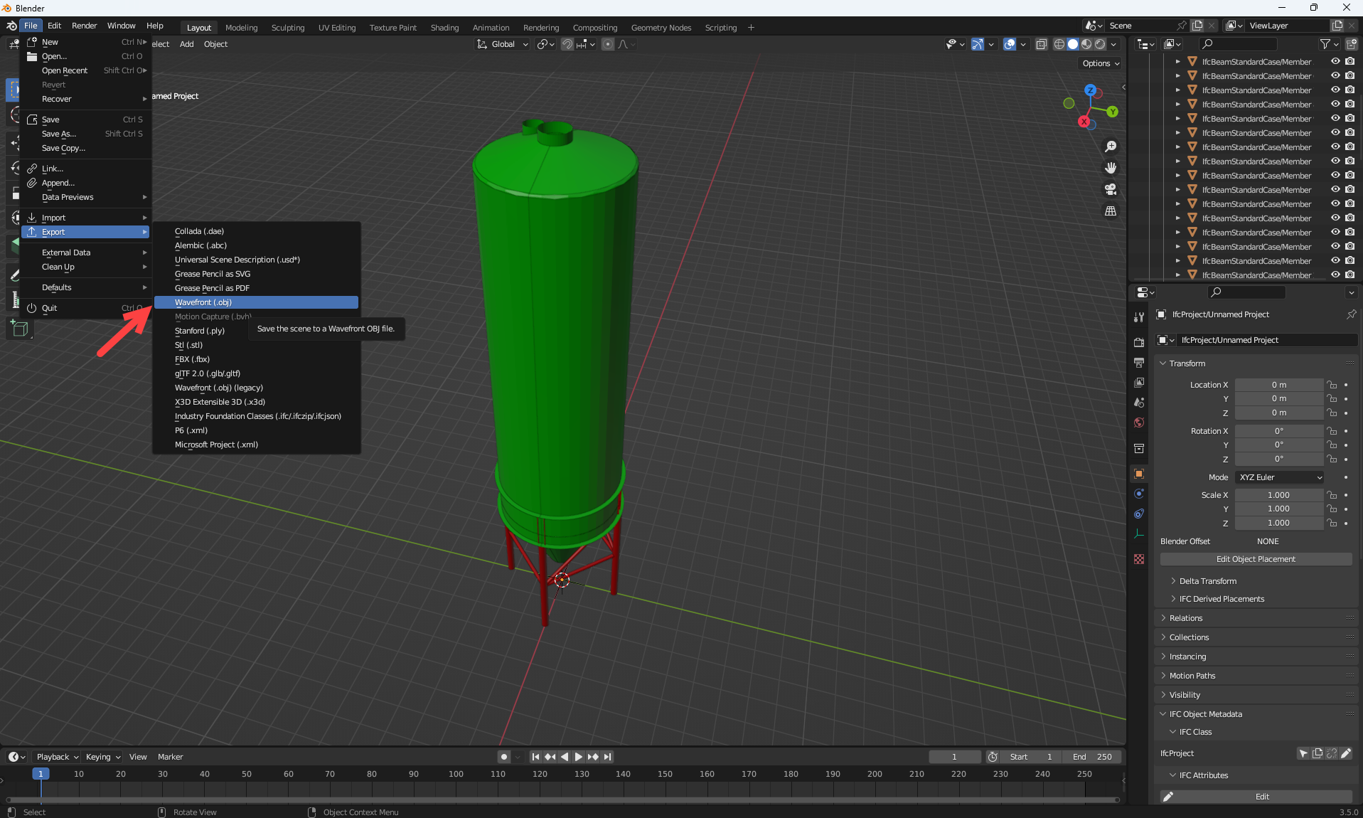 Export modelu ve formátu .OBJ z programu Blender verze 3.5
