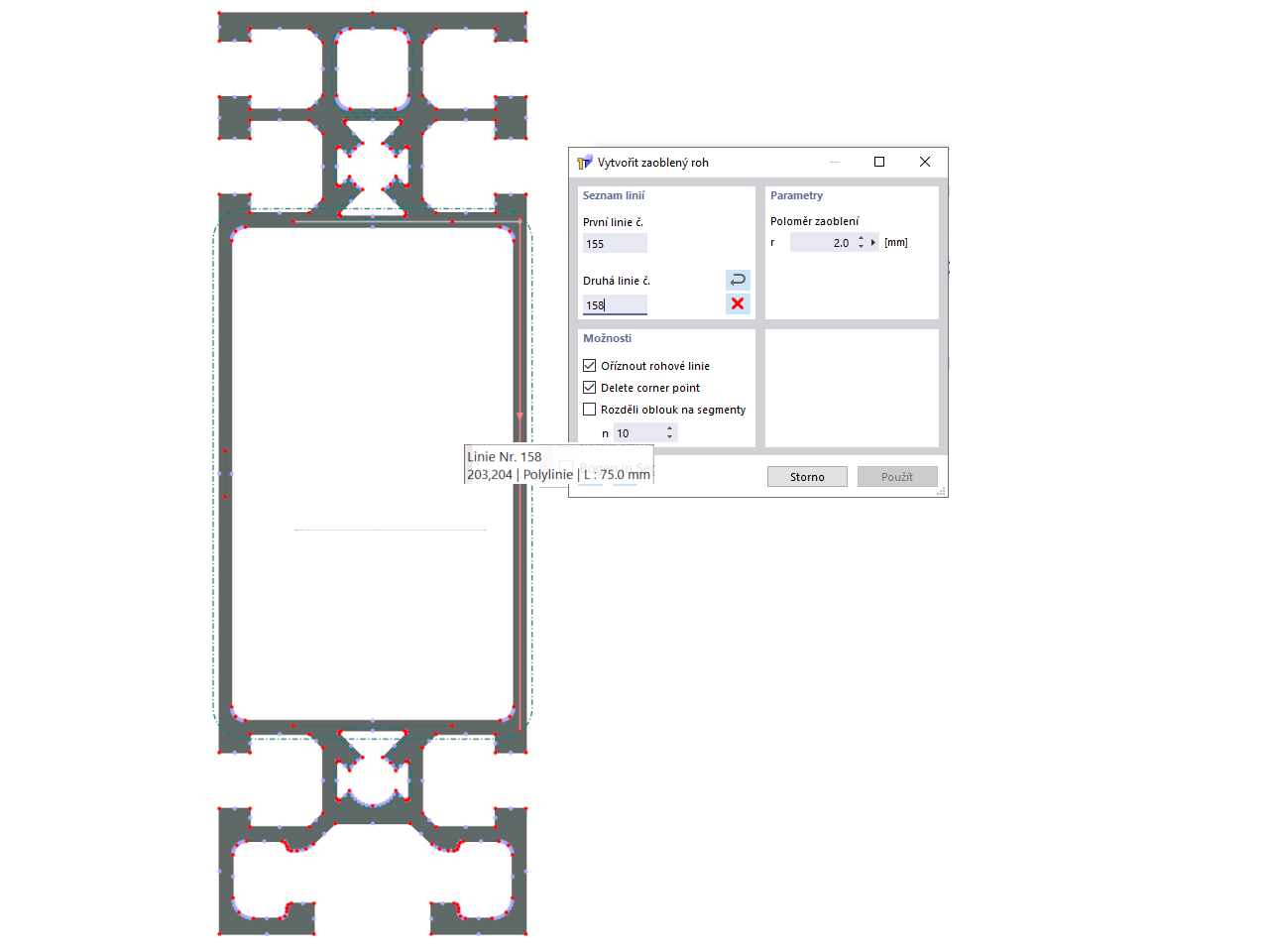 Spojení střednic pomocí funkce 'Vytvořit zaoblený roh'.