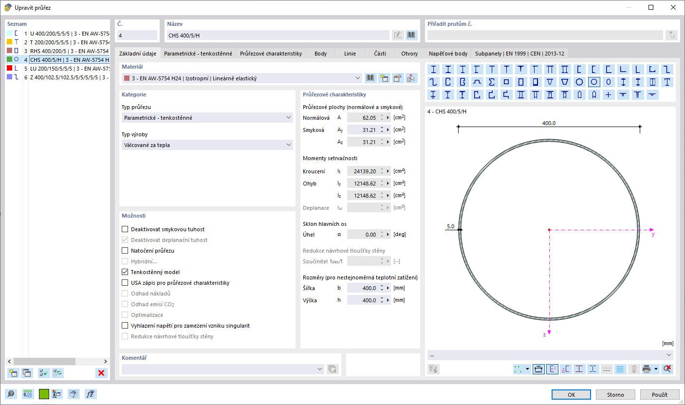 Příklad hliníkového profilu v programu RFEM 6