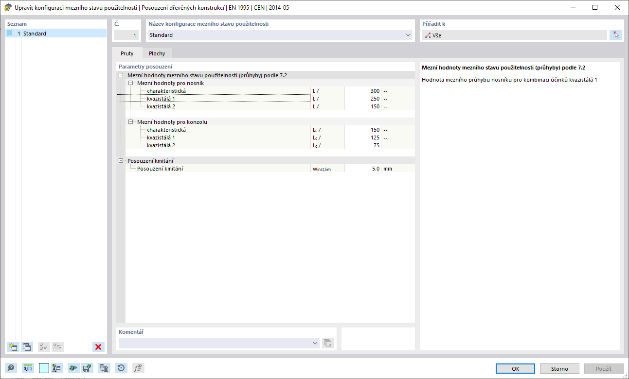 Konfigurace mezního stavu použitelnosti s mezními hodnotami pro průhyby