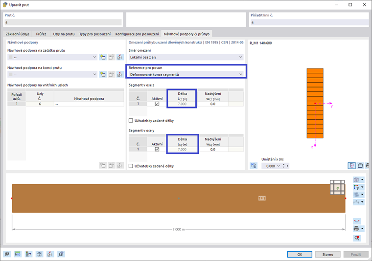 Přednastavení pro posouzení průhybu